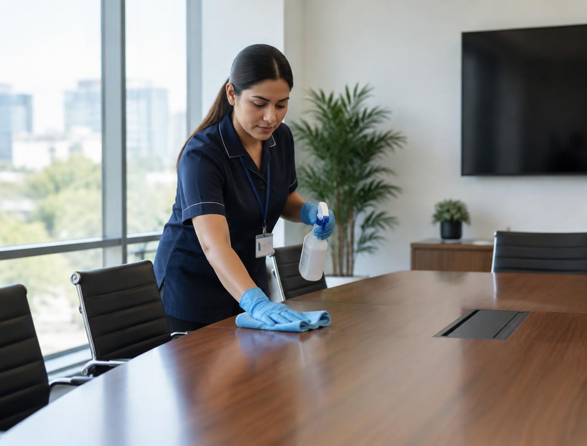 Belvedere cleaner sanitising a boardroom table