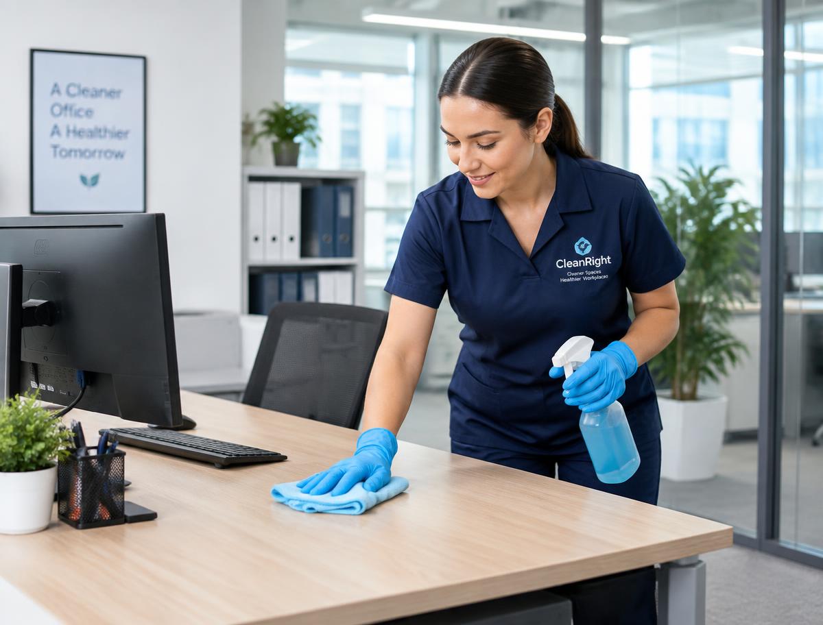 Belvedere cleaner sanitising an office workstation