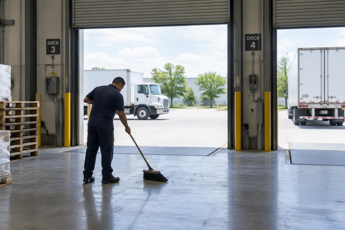 Cleaner sweeping a warehouse loading dock